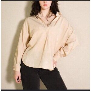Zara Women's Top S Peach Cream 100% Linen‎ 3/4 Sleeve Collared Tunic Oversized